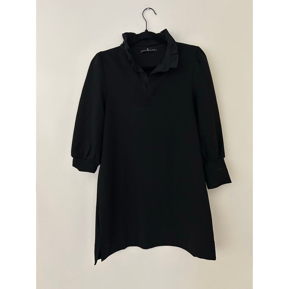 Pomander Place Tuckernuck Charlotte Terry Dress Black Ruffle Collar 3/4 Sleeves - Picture 2 of 9